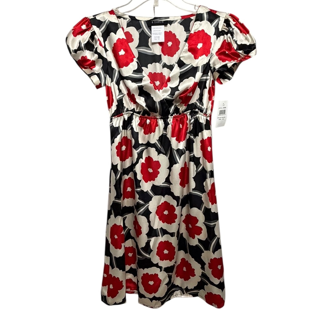 NWT B Darlin Floral Print Wrap Puff Sleeve Elastic Waist Midi Dress‎ Junior 3/4